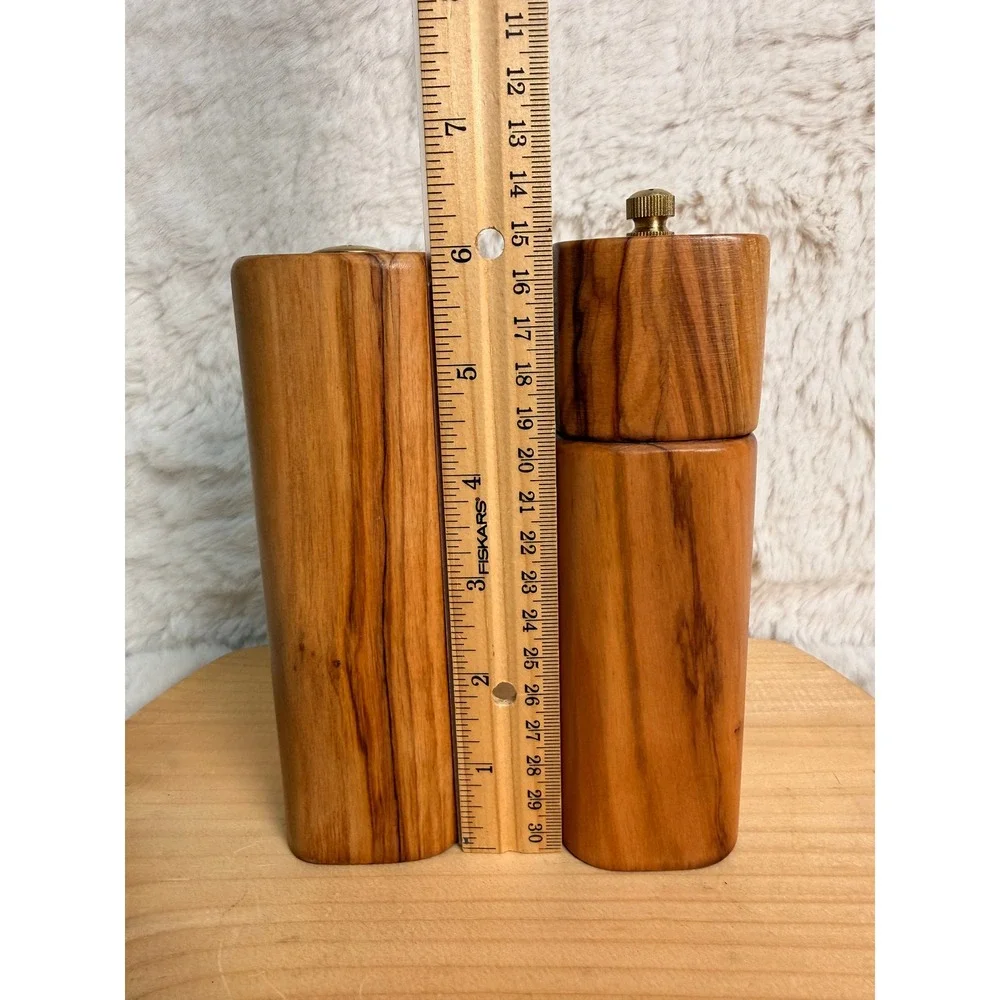 Olive Wood Salt Shaker and Pepper Mill Set Brass Hardware Handcrafted Woodware